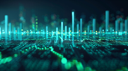 Abstract digital stock market background with bars and charts in hues of teal cyan green and blue, cinematic lighting.