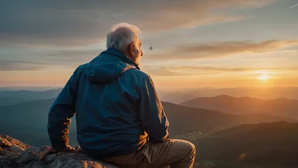 Fotobehang An elderly man dressed as a climber on top of a mountain with sunlight in the background © israel