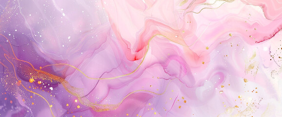 A captivating watercolor background emerges, adorned with pastel pink and purple shades delicately intertwined with shimmering gold marble lines. 