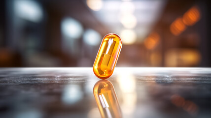Transparent orange capsule on reflective surface with blurred background. Healthcare and pharmaceutical concept. Design for medical publications, supplement advertisements - obrazy, fototapety, plakaty