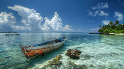 Boat rests peacefully on serene beach, surrounded by azure sea under clear sky