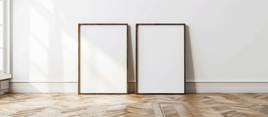 Placed on the wooden floor of a pristine white room, two frames sit side by side, awaiting personalized artwork or photographs - obrazy, fototapety, plakaty