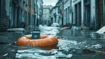 Foto op Aluminium Street, building and floods from storm or rain in winter weather with damage, life buoy or ring in Texas. Climate change, environment and water or hurricane with disaster, connection issues or crisis © Peopleimages - AI