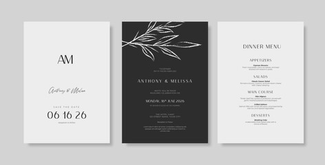 Fototapeta na wymiar Elegant and minimalist black white wedding invitation. Simple engraved wedding card template