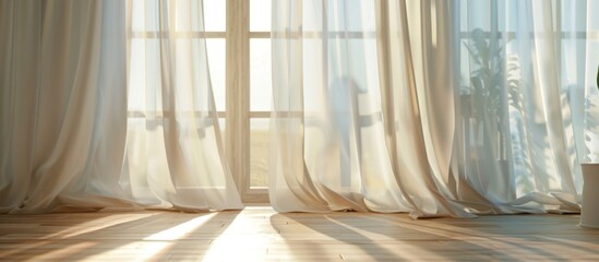 Warm sunlight filters through a glass window, casting a soft glow on a polished wooden floor adorned with delicate sheer curtains