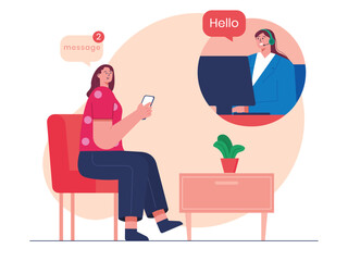 Girl chatting with customer support. Chatting vector illustration