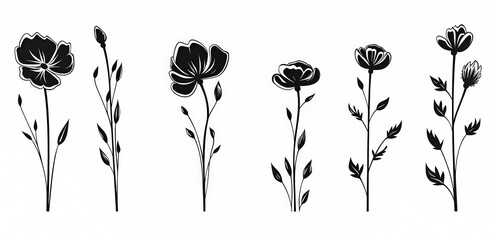 doodle summer meadow plants and insects in a line art style.