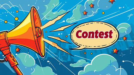 Microphone Contest Announcement "Contest" text, Exciting Prizes, rewards