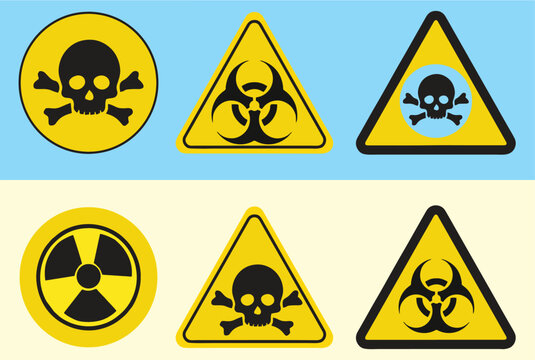 Radioactive, toxic, bio hazard signs. Warning danger or poison symbol for packing printing label, poster or banner. Keep away message. Editable vector format for reuse on media and web. eps 10.