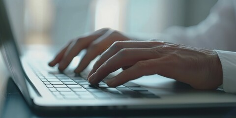 Close up shot of two hands using a laptop keyboard, office, created with AI