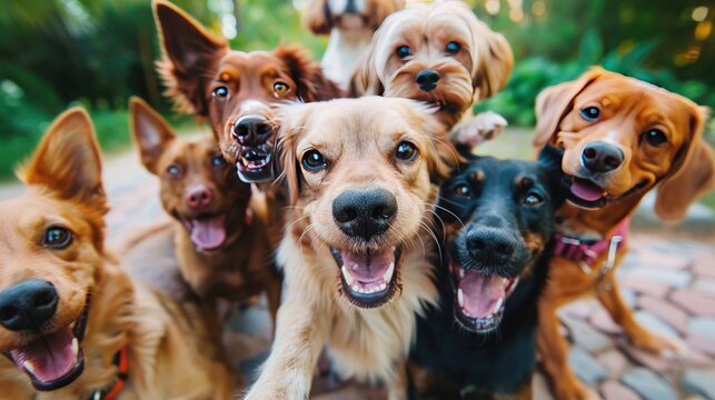 Portrait of group different dogs taking selfie