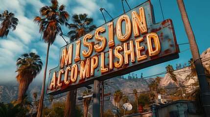 Fototapeta na wymiar Mission Accomplished - Billboard - low angle shot - palm trees 