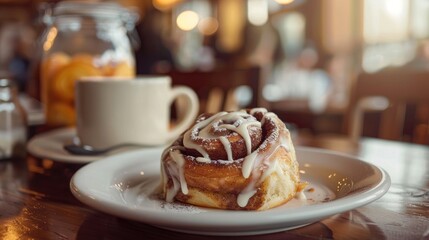 Image of a cinnamon roll on a white plate for morning meal