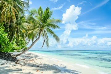 A serene tropical beach with palm trees, turquoise waters, and white sandy shores, perfect for a relaxing getaway, Generative AI