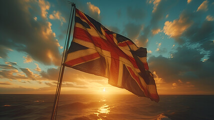 Flying Union Jack - uk - British flag - golden hour - sundown - yacht  - obrazy, fototapety, plakaty