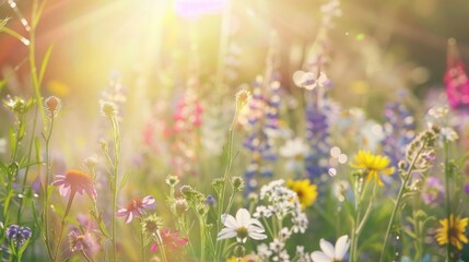 Summer nature background with sunlit flower meadow ideal for summer greeting card or banner with room for text wildflowers in spring