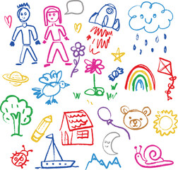 Kids drawing vector
illustration, kindergarten cute fun hand drawn doodles children playful drawings  - 786774679