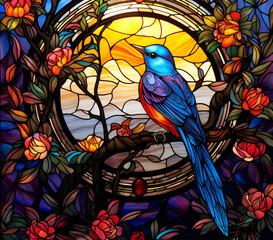Obraz premium Abstract Stained Glass Libbey of Hummingbird on Colorful Naive Art 