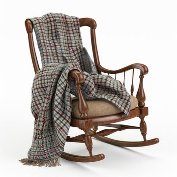 3D Render of a classic rocking chair with a cozy throw blanket, on isolated white background, Generative AI