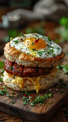 Beautiful presentation of Sausage, Egg, and Cheese Biscuit, hyperrealistic food photography