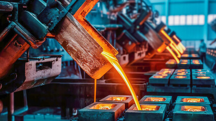 Casting machines pouring molten copper into moulds