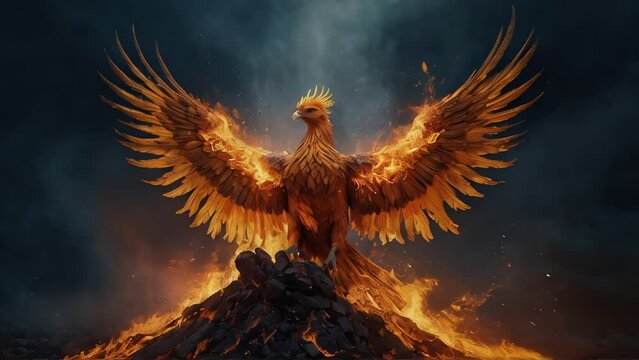 Majestic phoenix with wings spread, emerging from the flames. The phoenix perches on a pile of burning rocks, surrounded by a dark sky and smoke. Phoenix bird symbol of rebirth and power