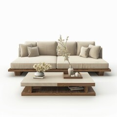 3D Render of a modern sofa set with a coffee table, on isolated white background, Generative AI