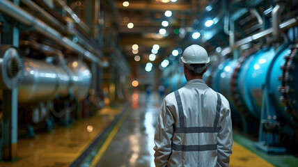 Engineer standing at Industrial view at oil refinery plant from industry zone.