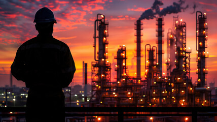 Fototapeta na wymiar Engineer standing at Industrial view at oil refinery plant from industry zone.