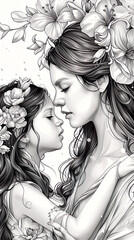 Fototapeta premium Beautiful, realistic line drawings show the bond between a mother and daughter.