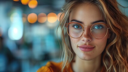 A photo of a beautiful young woman with blonde hair and blue eyes wearing glasses, with a blurred background.