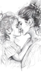 Fototapeta na wymiar Beautiful, realistic line drawings show the bond between a mother and daughter.