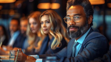 A professional headshot of a black man in a suit and glasses, with a woman with blonde hair and a blue suit in the background. - obrazy, fototapety, plakaty