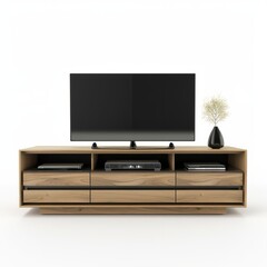 3D Render of a sleek TV stand with storage compartments, on isolated white background, Generative AI