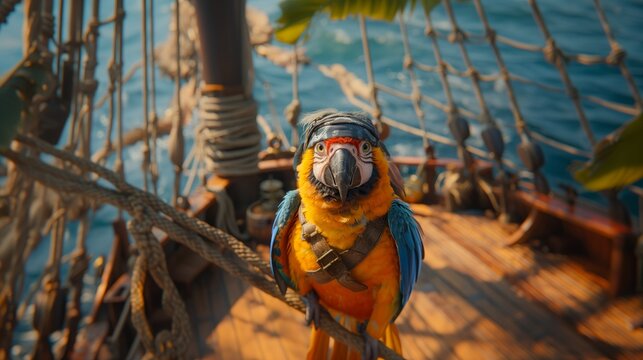 A photo of a parrot on a pirate ship