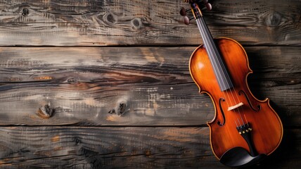 Fototapeta na wymiar Violin rests on rustic wooden background, showcasing its rich color and curves