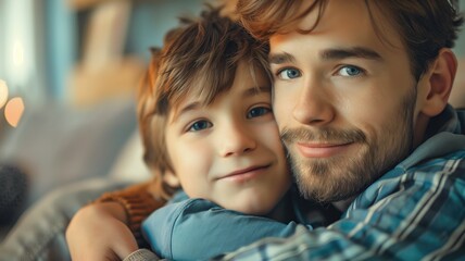 Smiling man and young boy cuddling, showing warmth family bond