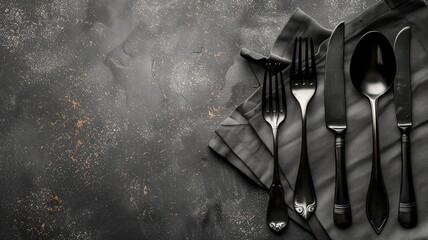 Elegant cutlery set arranged on dark textured surface with napkin