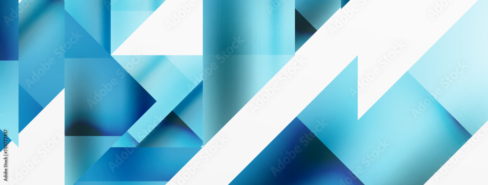 Poster a close up of a geometric pattern featuring aqua and electric blue triangles and rectangles on a whi