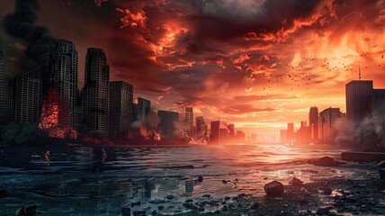 Apocalyptic cityscape with fiery sky, destroyed buildings, and flooded streets - obrazy, fototapety, plakaty
