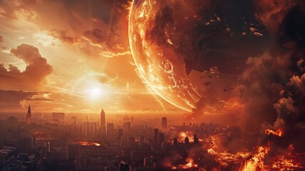 Apocalyptic scene with large fiery planet close to city skyline at sunset