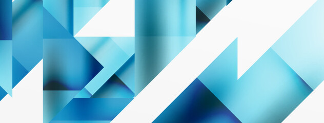 A close up of a geometric pattern featuring aqua and electric blue triangles and rectangles on a white background. The design shows symmetry and a modern logo look