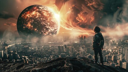 Person standing on hill overlooking city with large celestial body in sky - obrazy, fototapety, plakaty