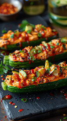 Beautiful presentation of Buffalo chicken zucchini boats, hyperrealistic food photography