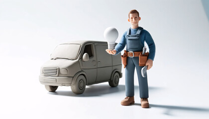 a repairman holding a light bulb next to a van a clay model scene on a white background