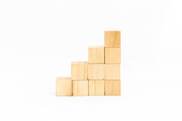 Blank wooden cubes stairs isolated on a white background with copy space.