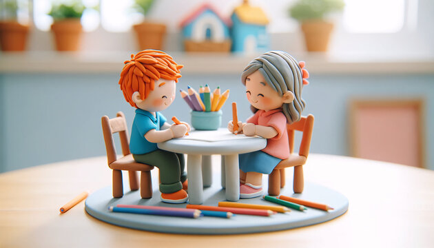  two children sitting at a small round table. They are engaged in a drawing activity a clay model scene