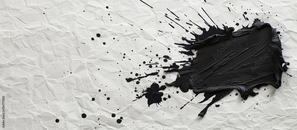 Poster Detailed view showing a splatter of black paint on a clean white wall, creating a contrasting abstract pattern