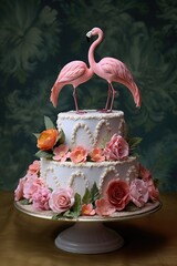 Cake with roses, candles and flamingos