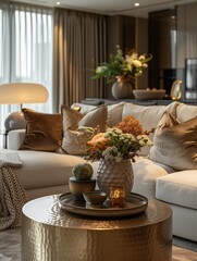 Elegant Living Room Interior with Decorative Floral Arrangement